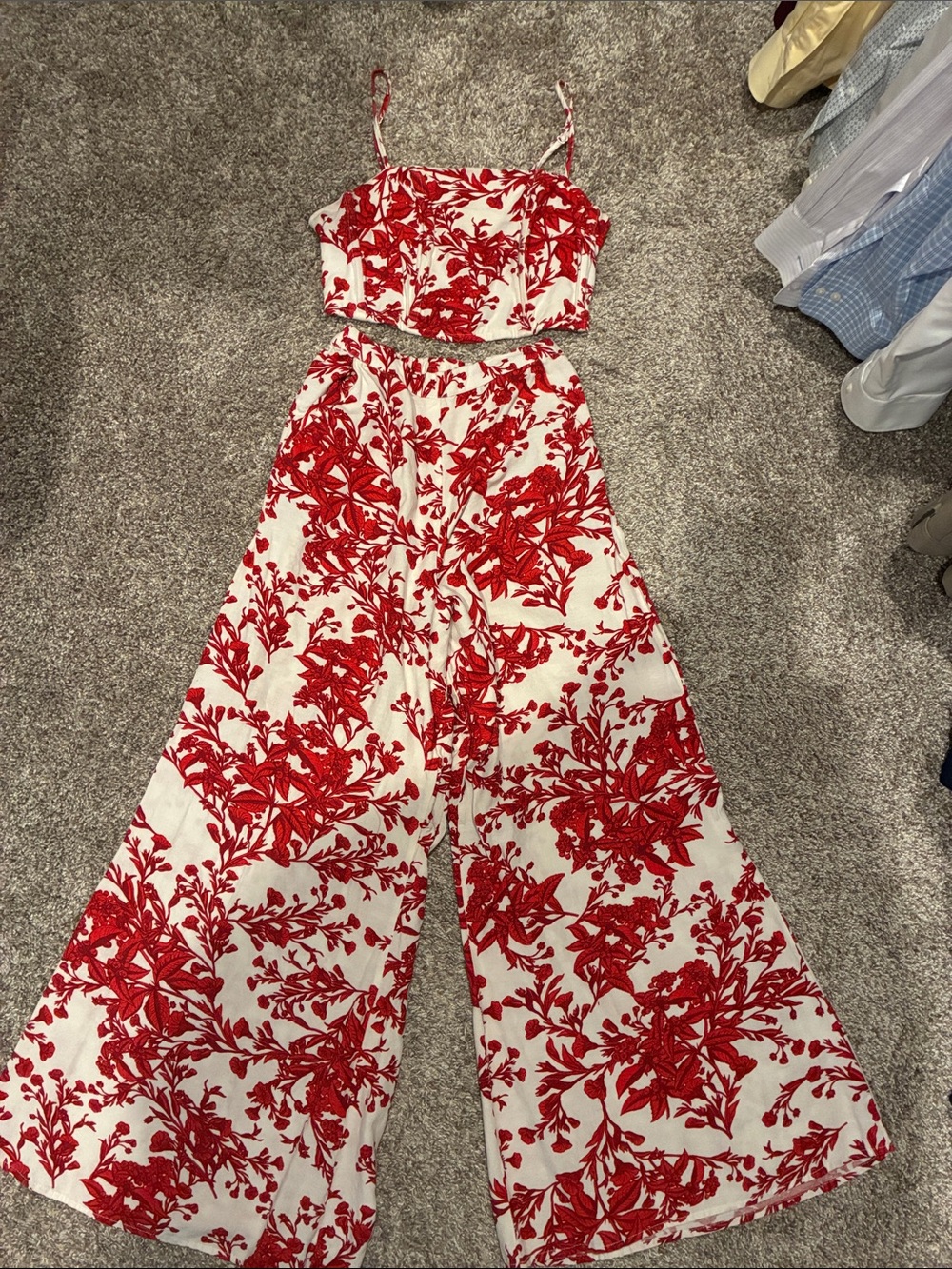 Red Floral Two-Piece Wide-Leg Jumpsuit Pants Set